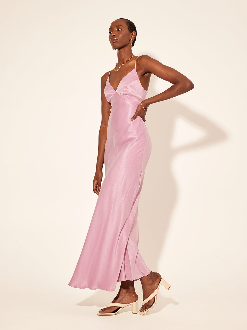 Bianca Slip Dress KIVARI | Model wears lavender slip dress side view