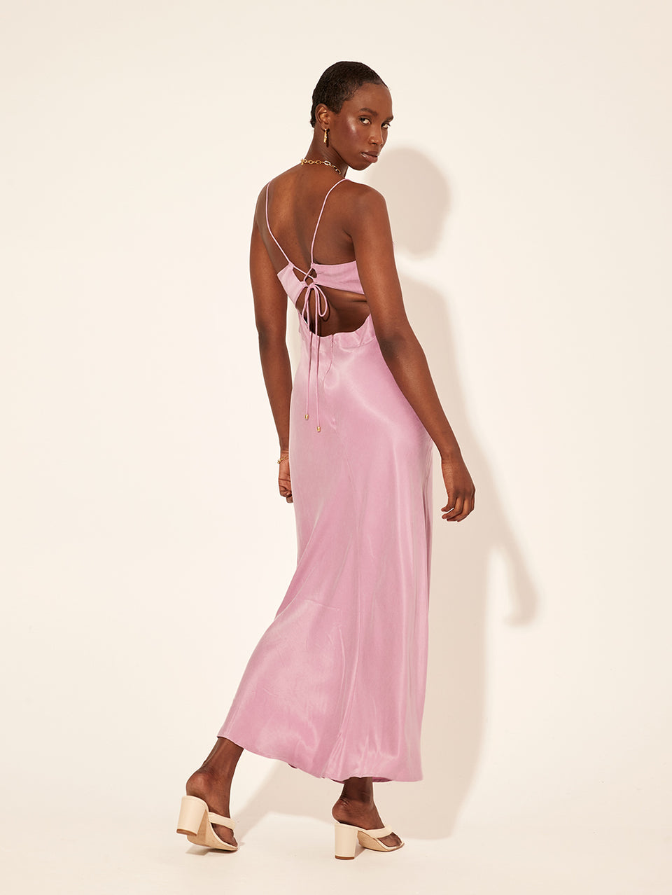 Bianca Slip Dress KIVARI | Model wears lavender slip dress back view