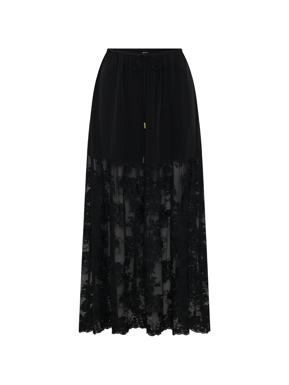 Black long skirt with lace detail on a white background
