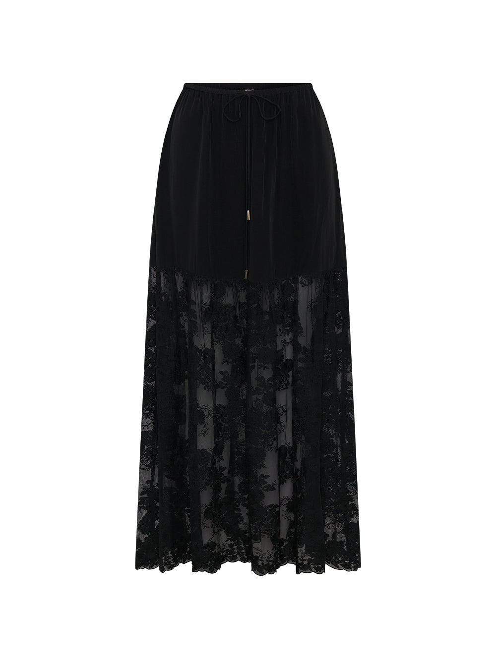 Black long skirt with lace detail on a white background