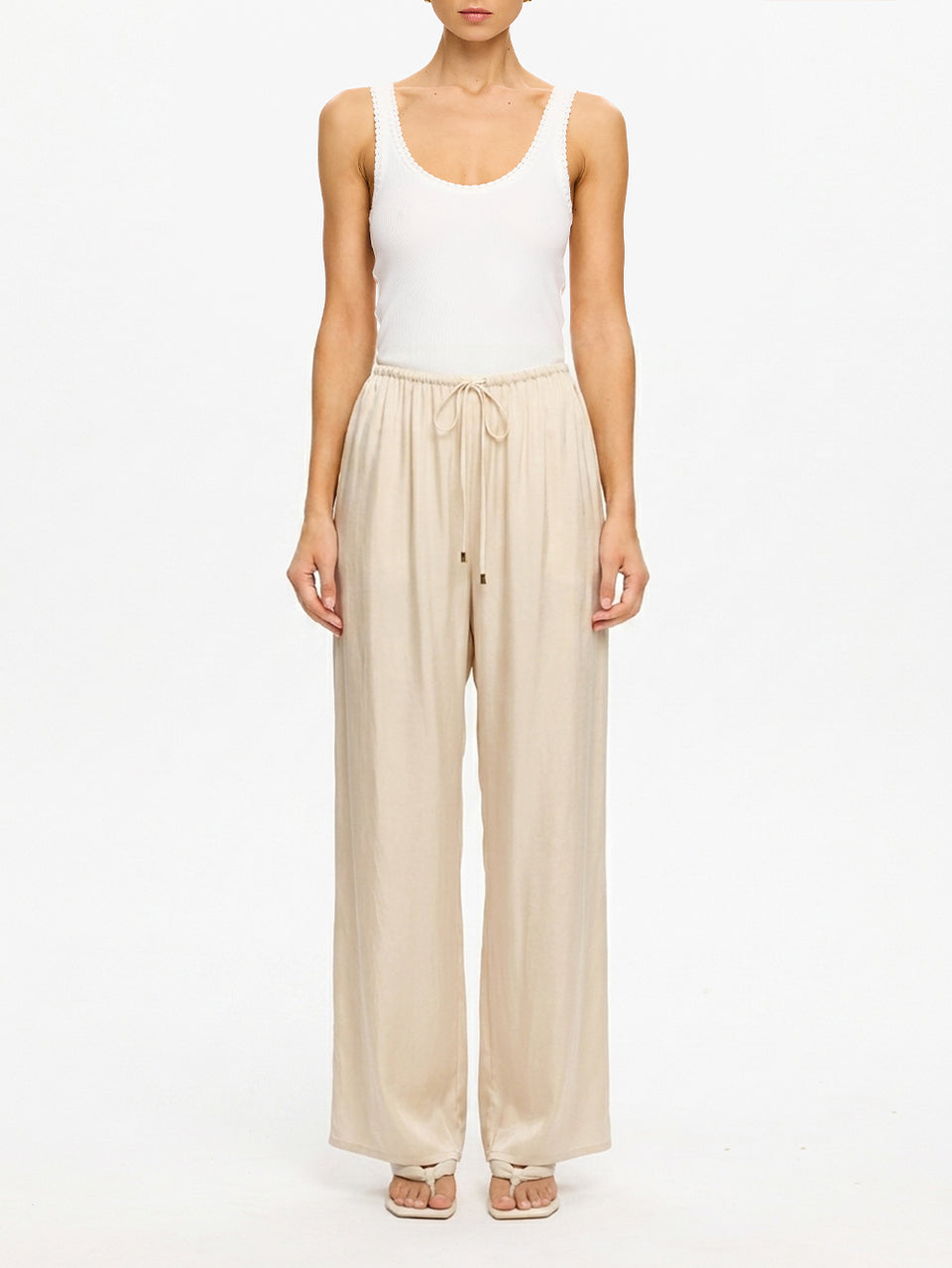 KIVARI Blythe Pant in Champagne – drawstring wide-leg pants styled with a white tank top