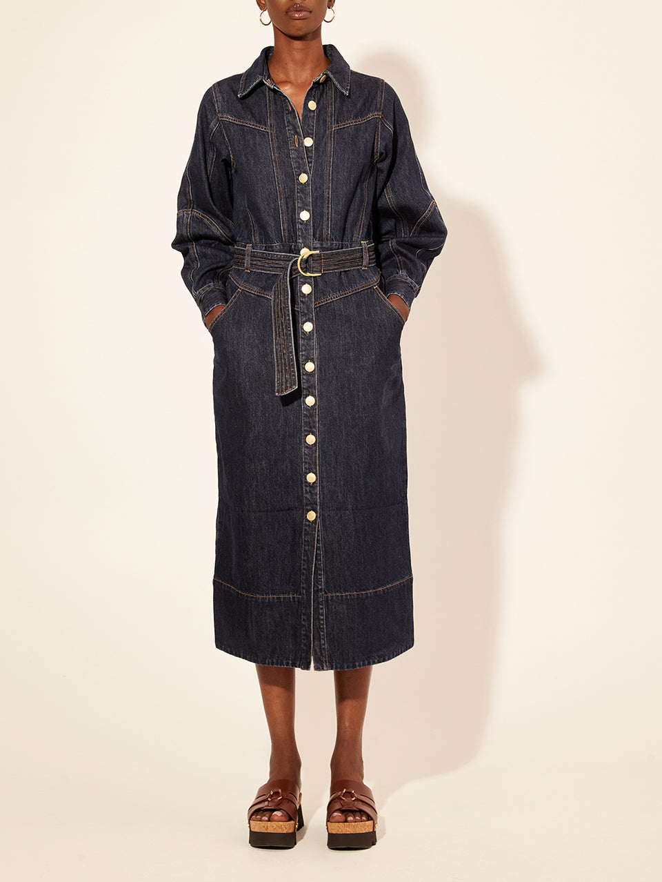 Bonny Midi Dress KIVARI | Model wears navy denim midi dress