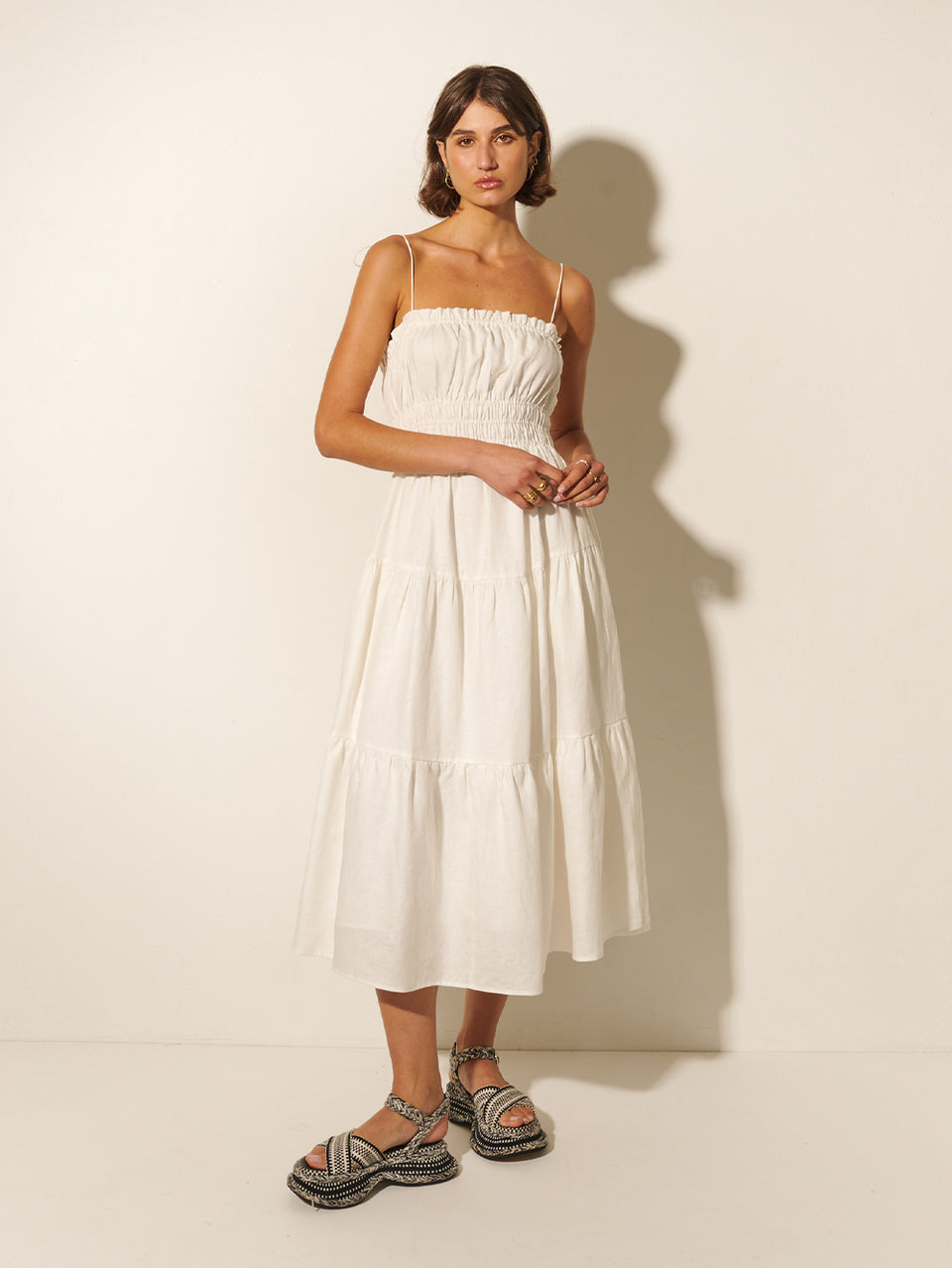 Corine Midi Dress KIVARI | Model wears ivory midi dress