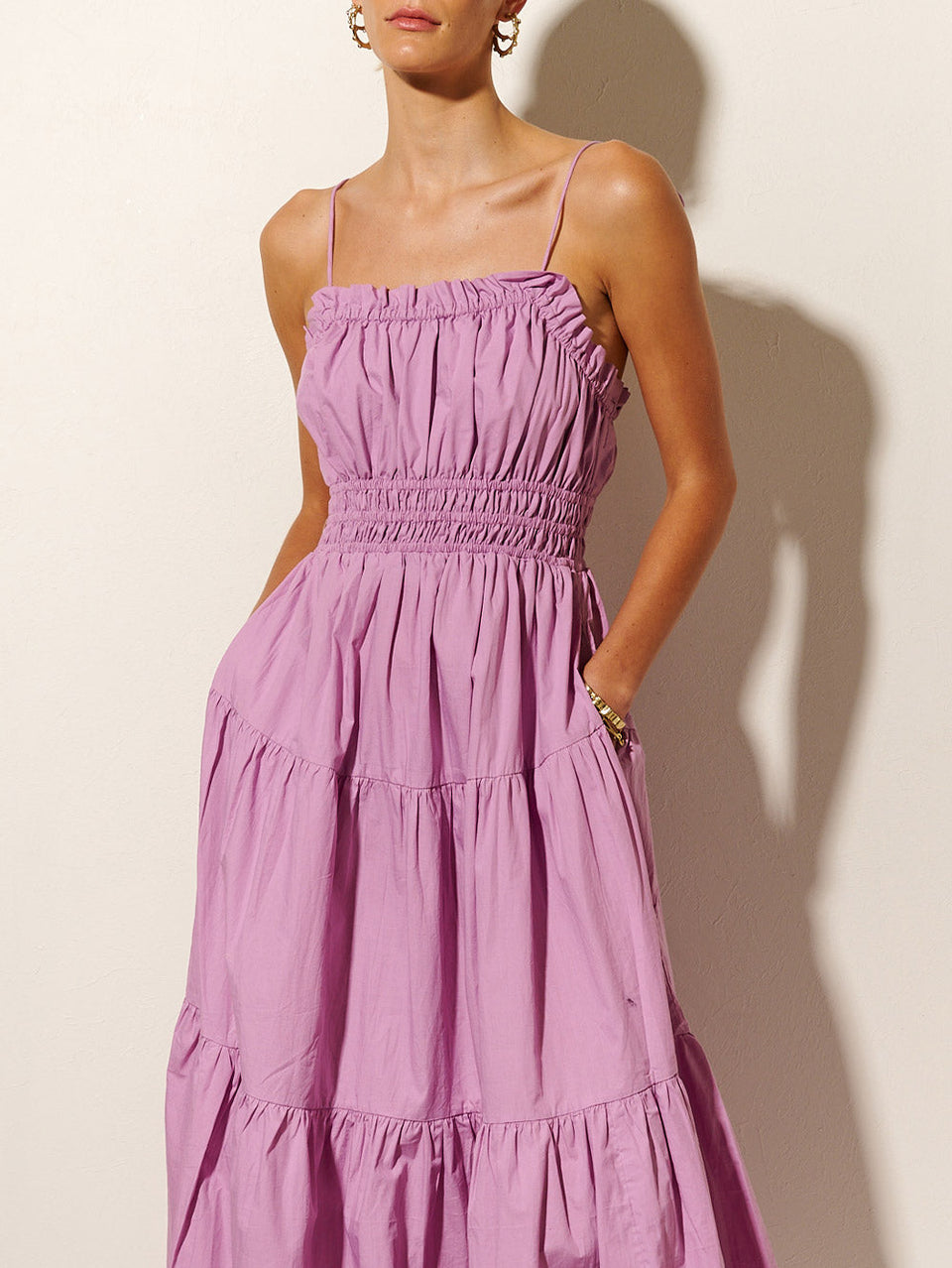 KIVARI Casini Midi Dress | Model wears Lilac Midi Dress Close Up