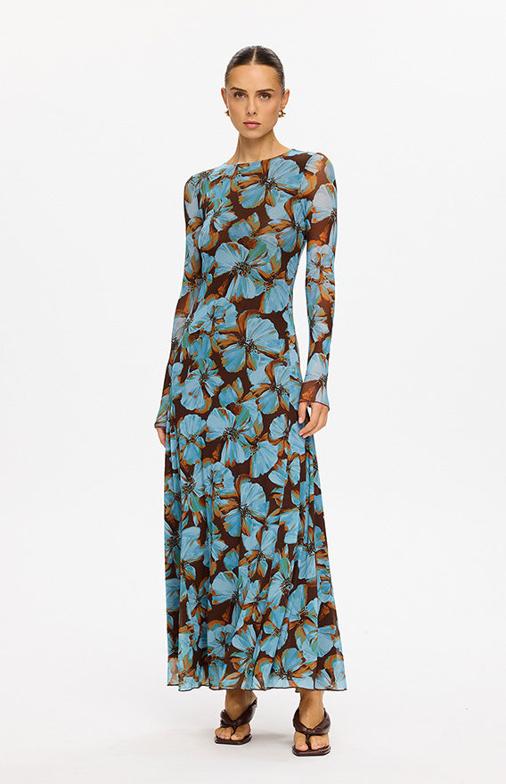 KIVARI categories image - model wearing blue and brown floral long-sleeve maxi dress with matching print