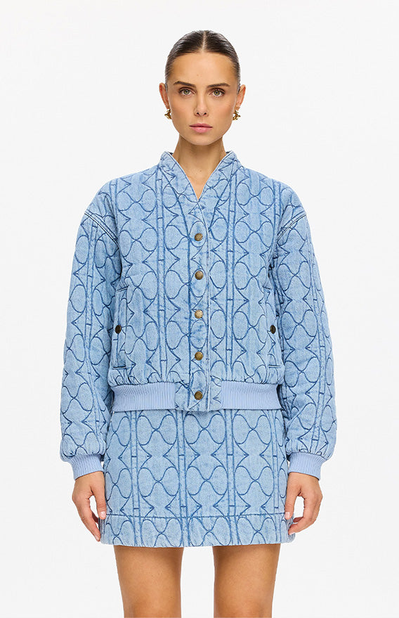 KIVARI blue quilted embroidered denim bomber jacket and mini skirt co-ord set - category image front view