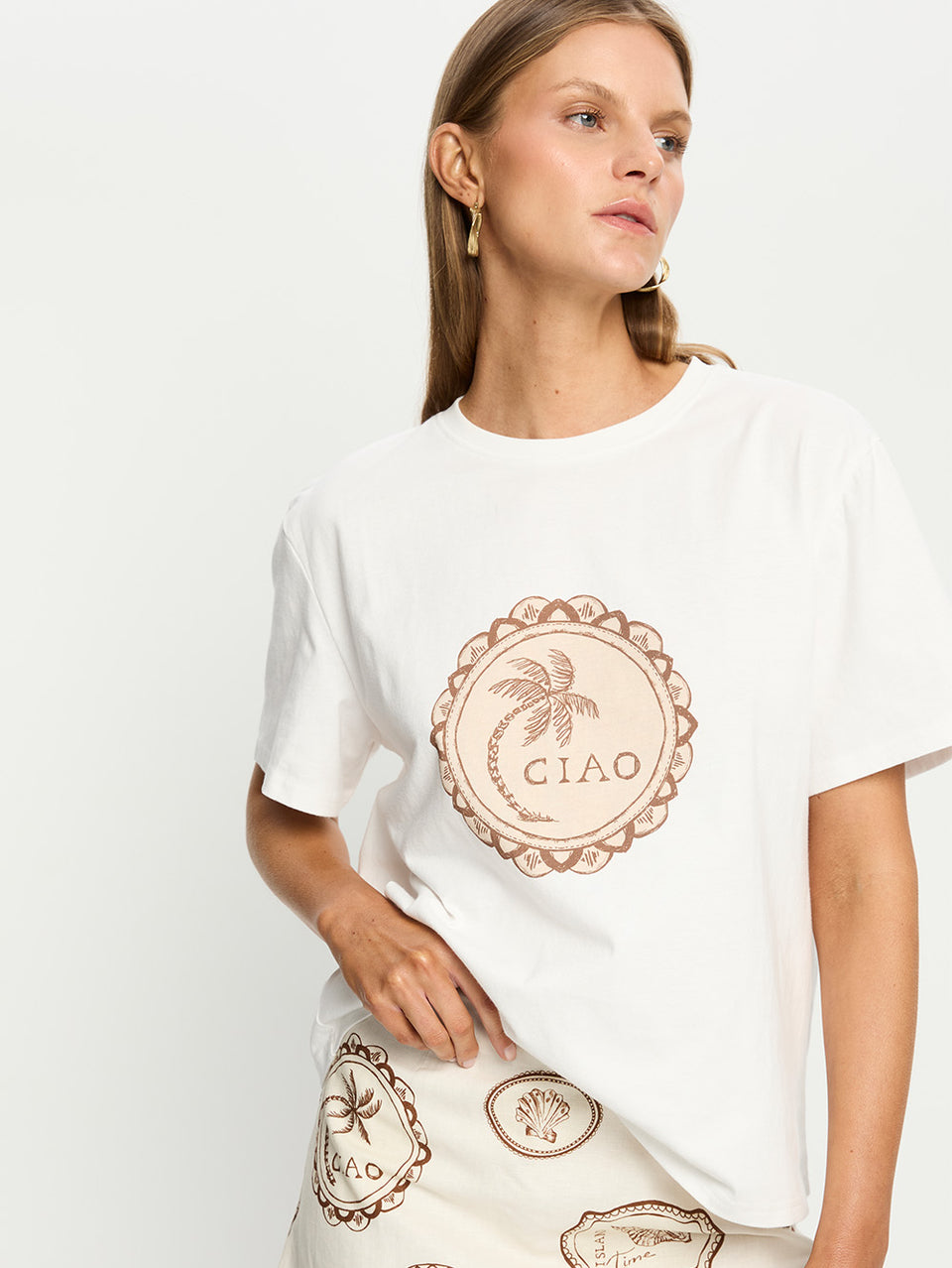Ciao Tee | Brown and white pattern t shirt