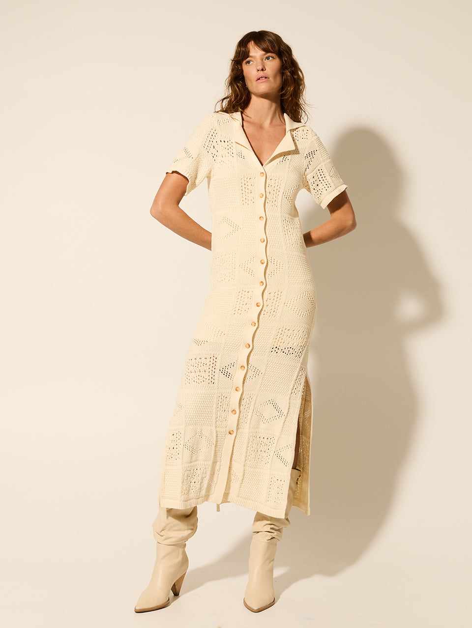 Clementine Collared Midi Dress Cream KIVARI | Model wears cream knit midi dress