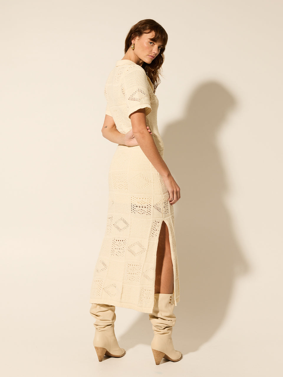 Clementine Collared Midi Dress Cream KIVARI | Model wears cream knit midi dress back view