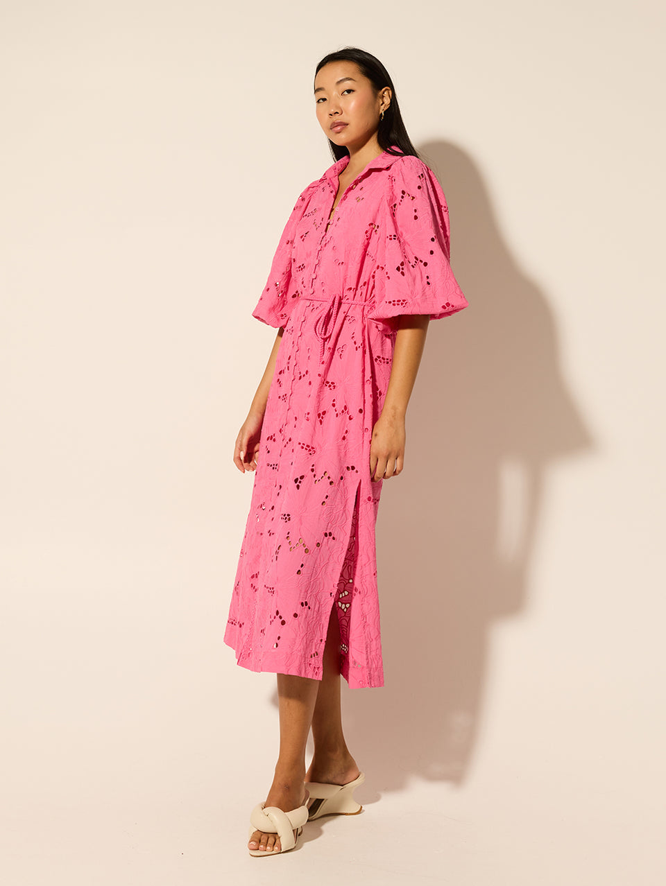 Corfu Midi Dress Pink KIVARI | Model wears pink midi dress side view