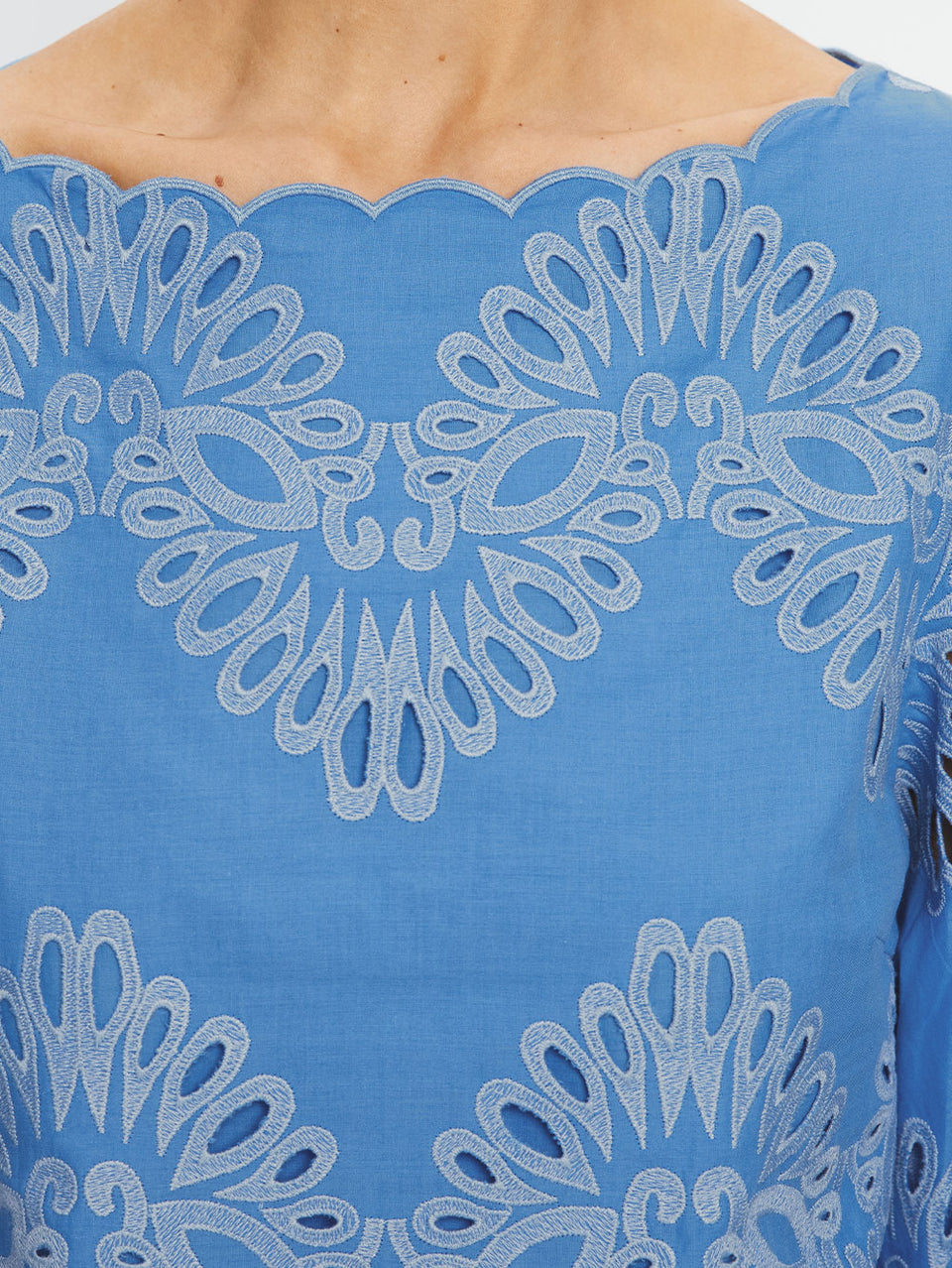 Blue fabric with intricate white lace detailing