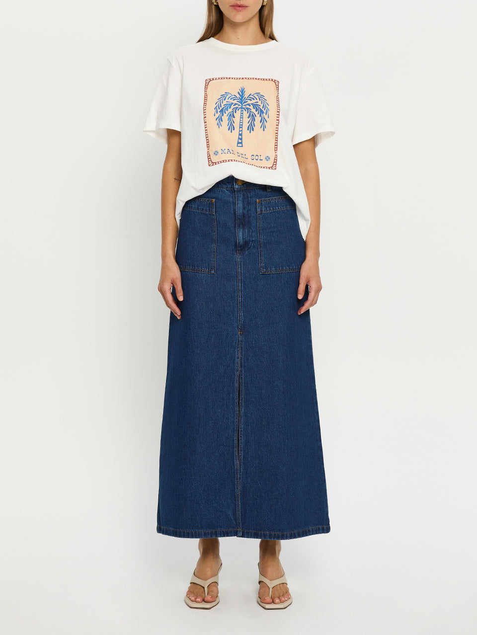 Dani Skirt KIVARI | Model wears denim skirt