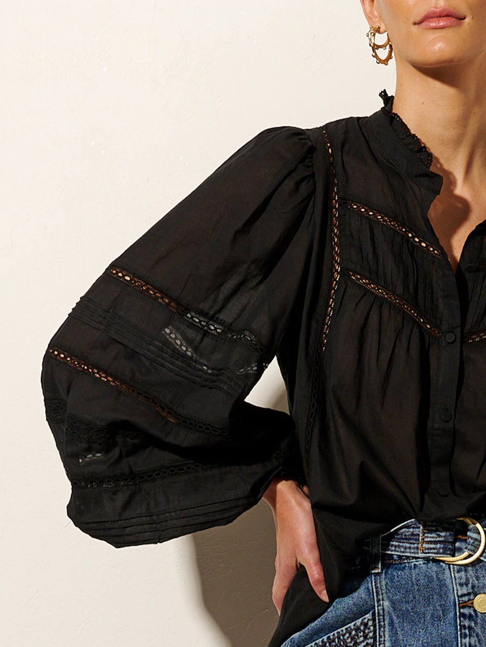 KIVARI Delia Blouse | Model wears Black Blouse Close Up