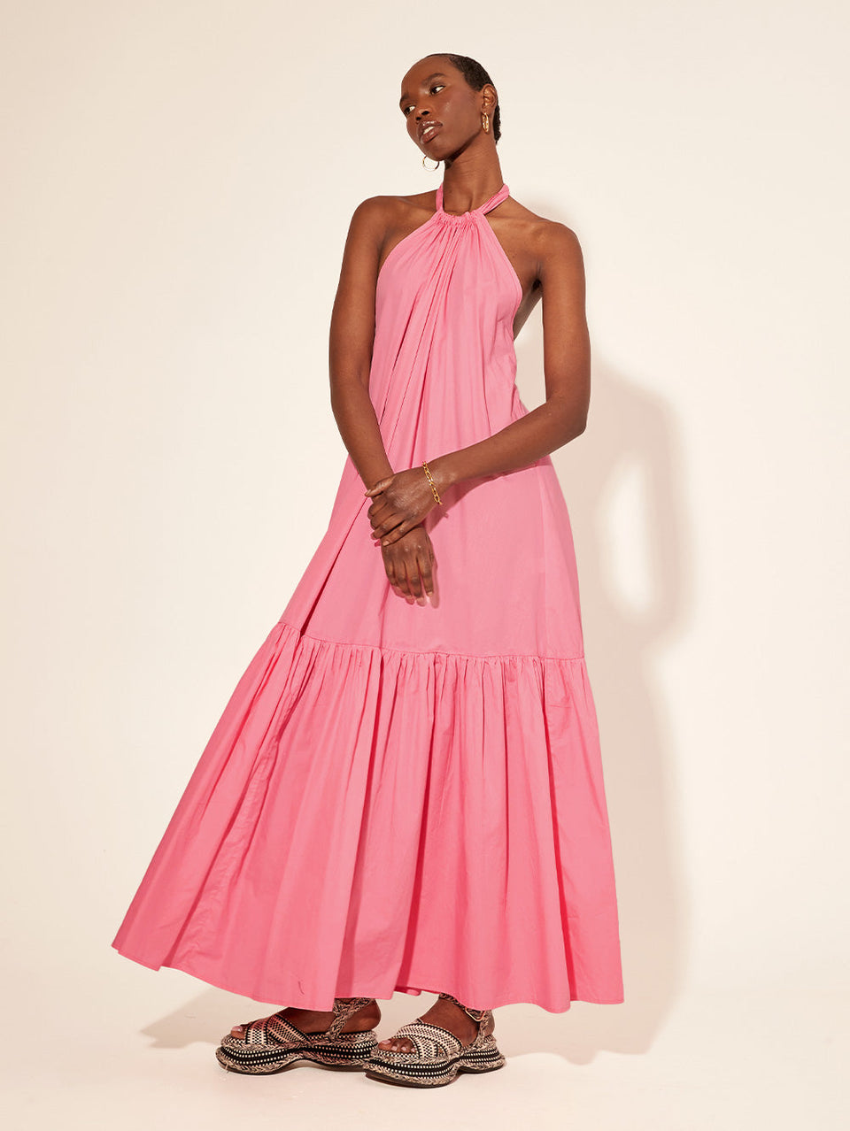 KIVARI Dua Halter Dress | Model wearing Pink Halter Neck Dress 