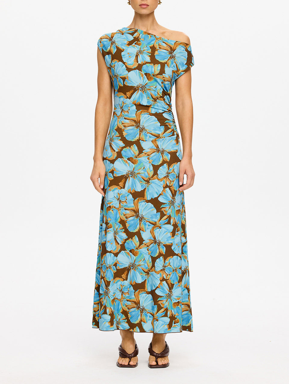 KIVARI Nieve Jersey Maxi Dress in Blue - full-length view of one-shoulder blue and brown floral jersey maxi dress