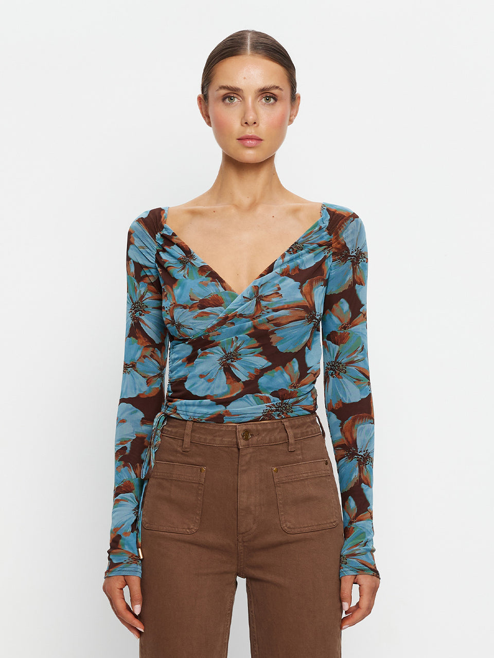 KIVARI Nieve Mesh Top in Blue Floral Print – women's long-sleeve wrap mesh top