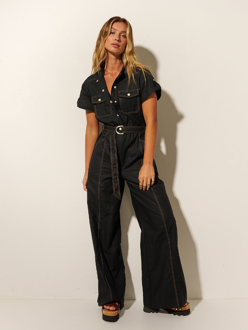 Ebony Sand Button Down Jumpsuit With Pockets