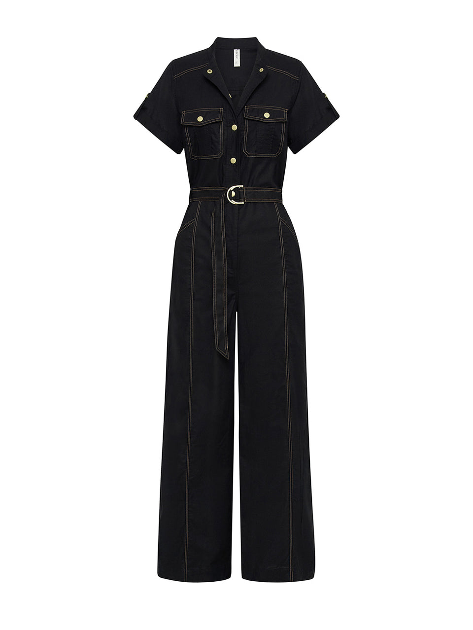 Ghost image of our KIVARI Ebony Jumpsuit: a black linen jumpsuit with gold buttons, topstitch details, a button-front with signature hardware and belt.