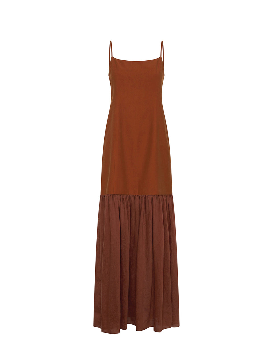 KIVARI Elanor Maxi Dress in Hazel – flat lay product shot of women's terracotta spaghetti strap tiered maxi dress with ruched skirt