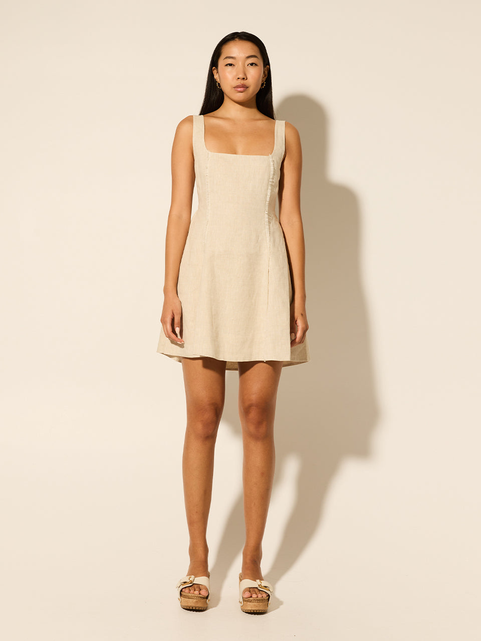 Ellie Strappy Mini Dress KIVARI | Model wears neutral linen mini dress