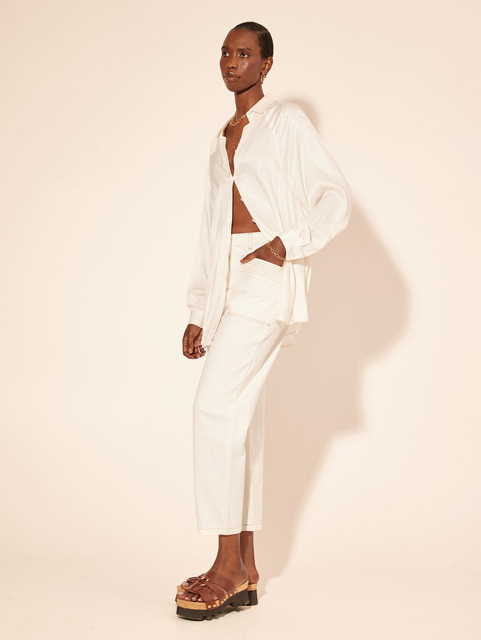 Emma Shirt White KIVARI | Model wears white cupro shirt side view