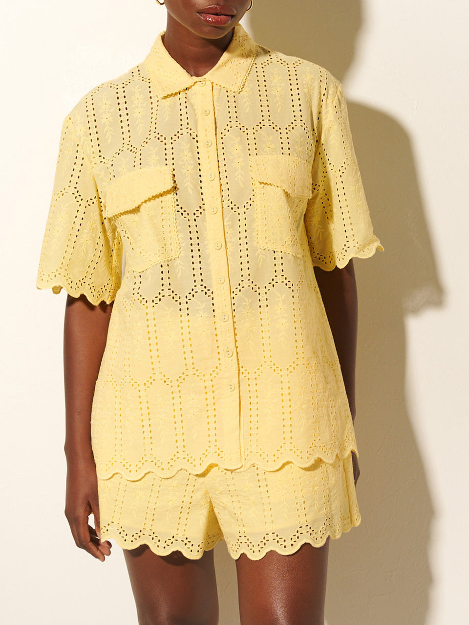 Estelle Shirt KIVARI | Model wears yellow shirt close up