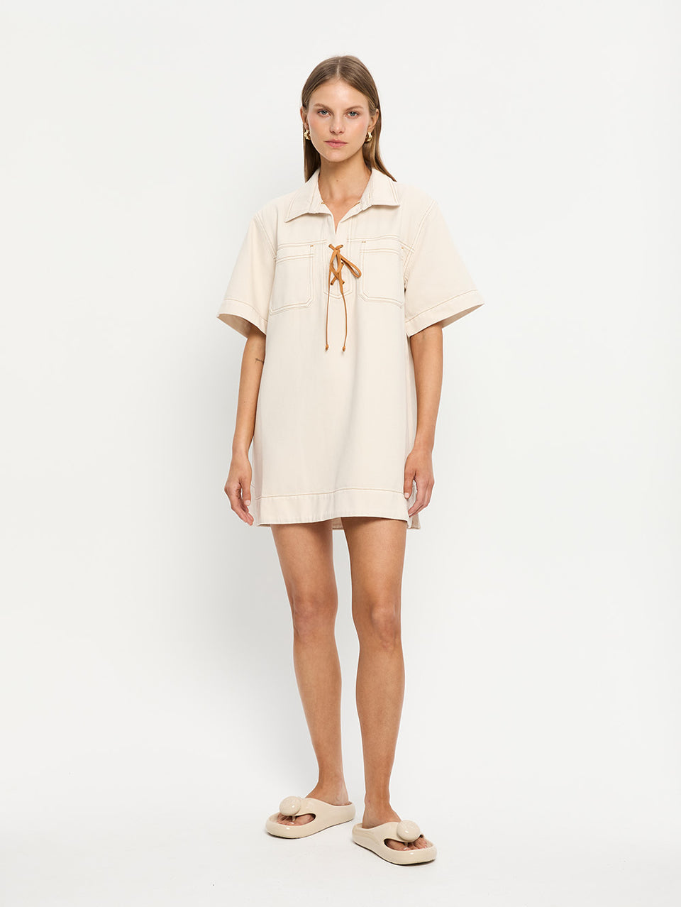 Evie Denim Dress Cream Front 01