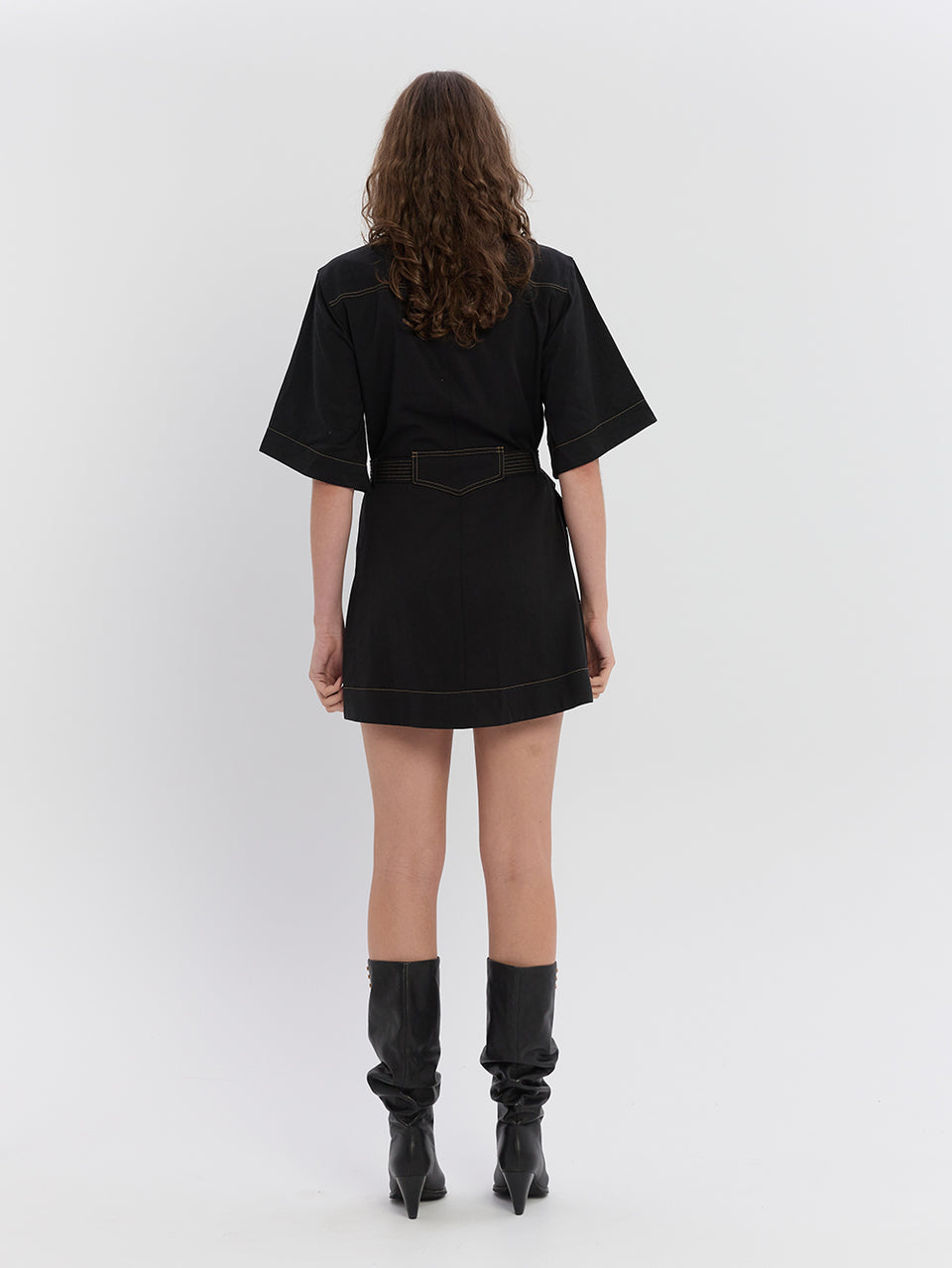 Gianna Mini Dress Black KIVARI | Model wears kimono style mini dress back view