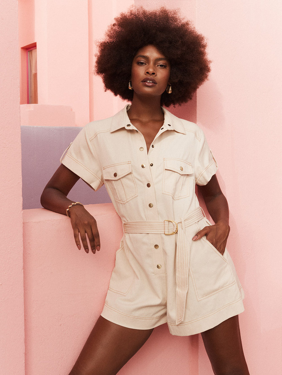 Gianna Playsuit KIVARI | Model wears cream short sleeve playsuit CAMPAIGN