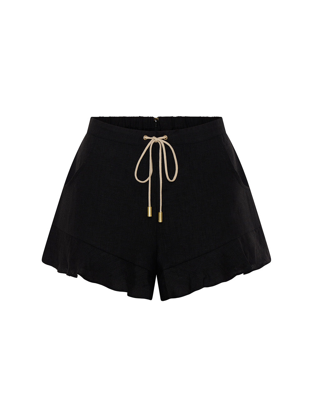 KIVARI Azarea black high-waisted shorts with drawstring tie, flat lay product shot