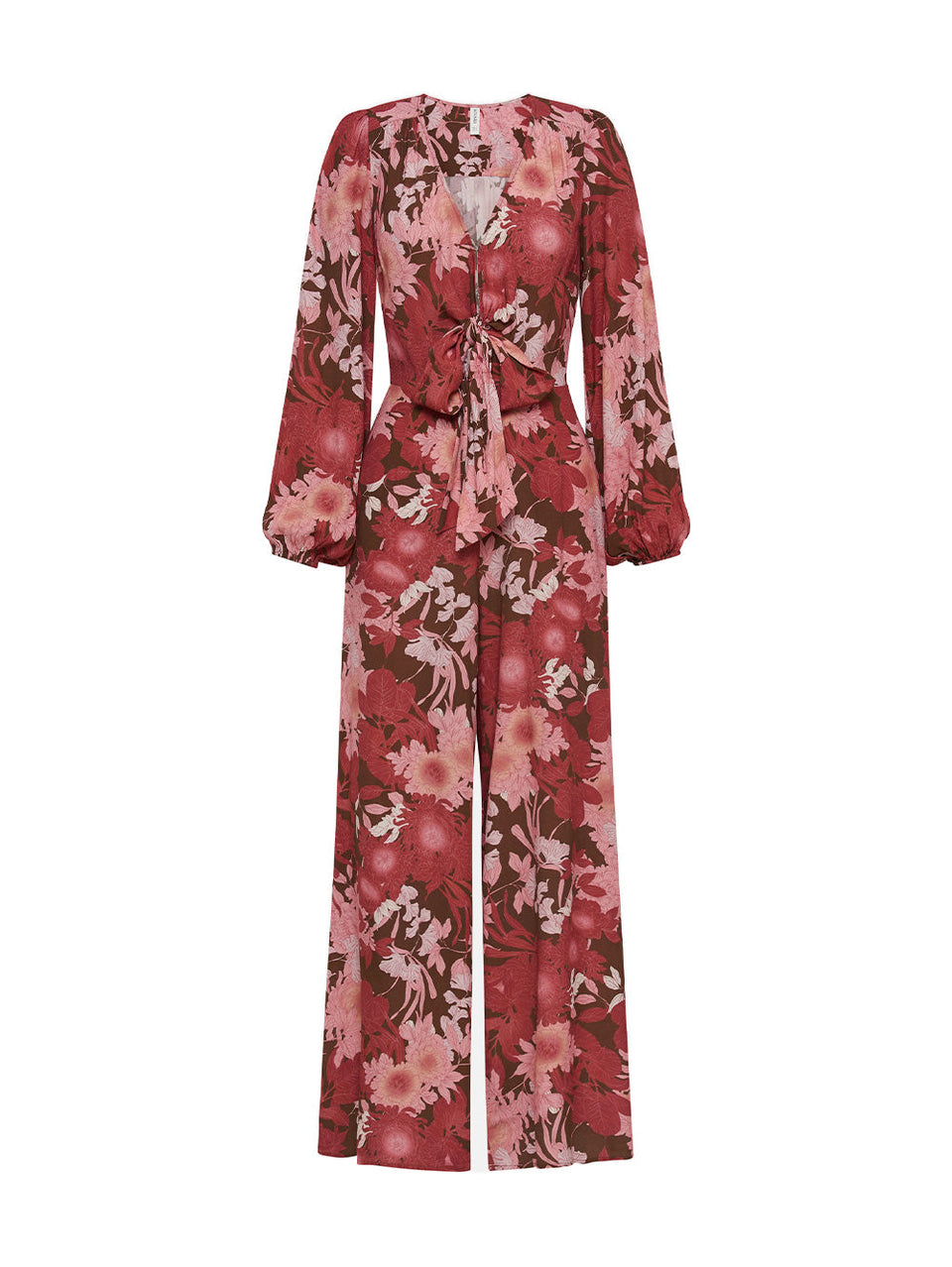 Ghost image of the KIVARI Hacienda Jumpsuit: A red, pink and brown floral jumpsuit with ribbon tie front and long sleeves, crafted from sustainable LENZING Viscose Crepe.