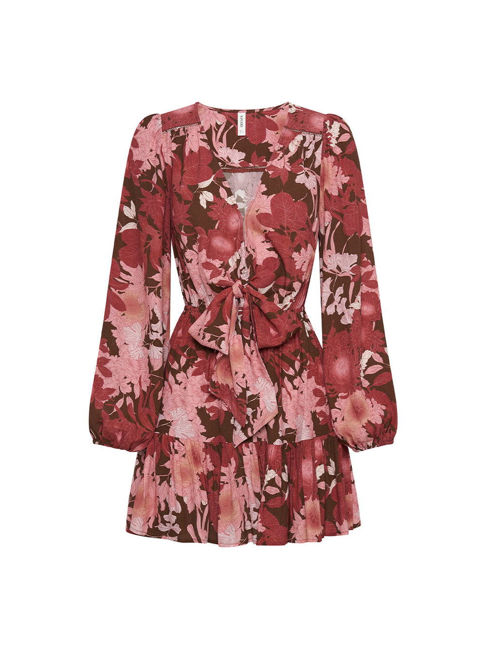 Ghost image:  KIVARI Hacienda Tie Front Mini Dress: A red, pink and brown floral dress crafted from sustainable LENZING Viscose Crepe featuring full-length sleeves, a tiered skirt and a soft ribboned tie.