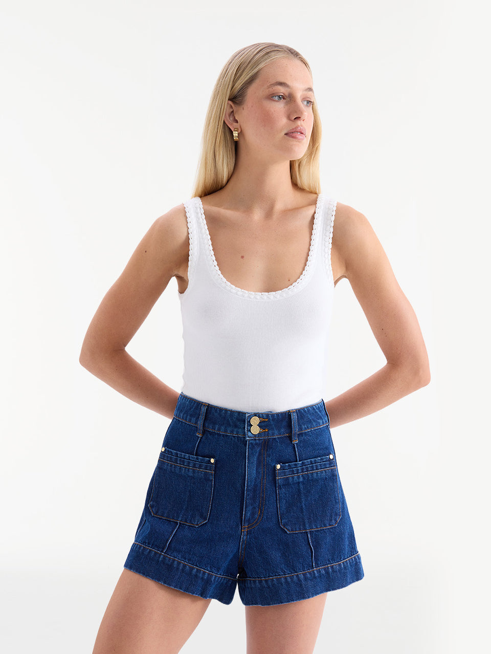 KIVARI Hanna denim shorts styled with white scoop-neck tank top, front view