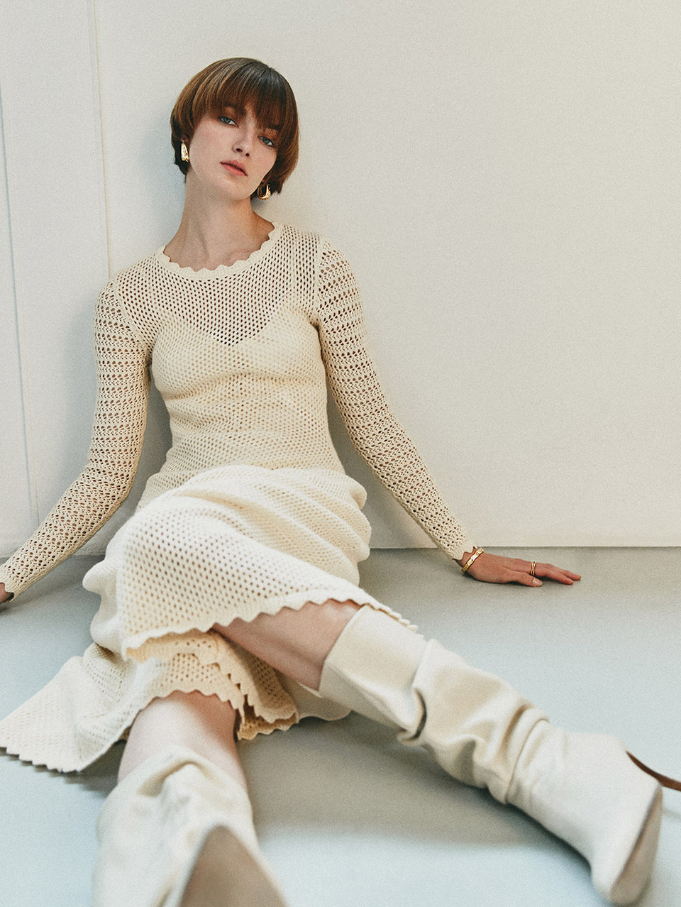 Ingrid Knit Midi Dress KIVARI | Model wears cream knit dress