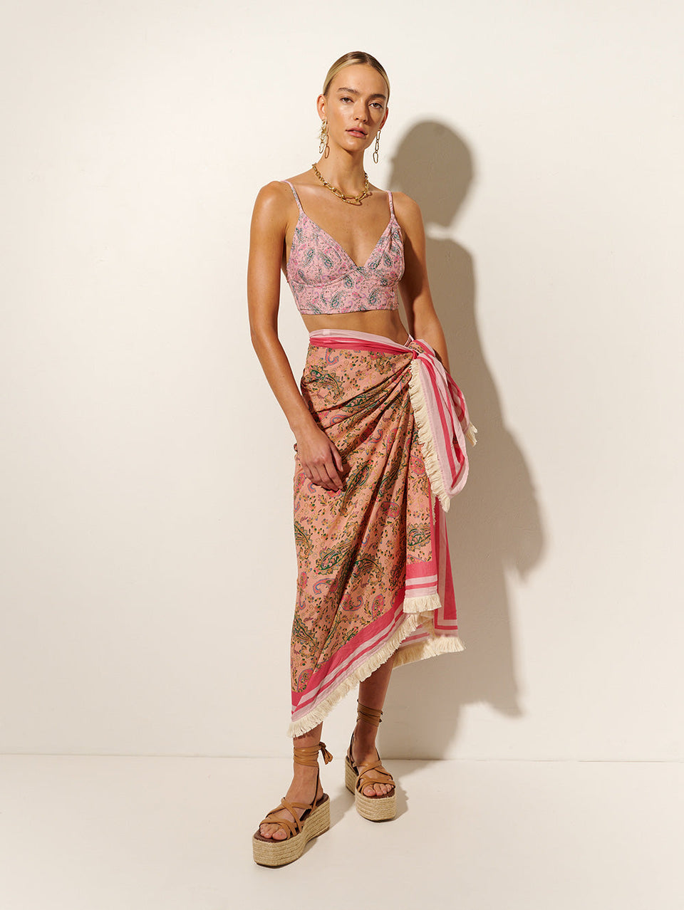 Isha Panelled Bikini Top KIVARI | Model wears pink paisley bikini top