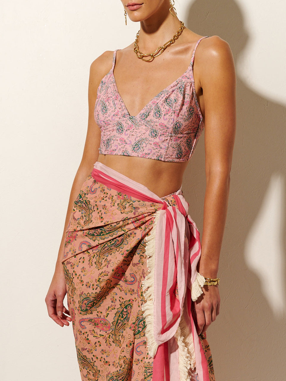 Isha Panelled Bikini Top KIVARI | Model wears pink paisley bikini top