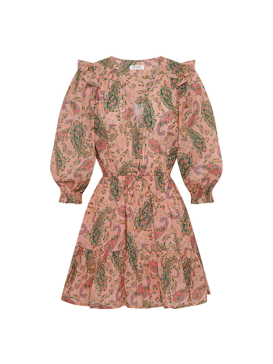 Isha Ruffle Mini Dress KIVARI | Ruffle pink paisley mini dress 