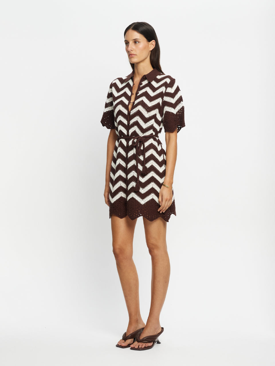 Jacinta Mini Dress - Brown | Brown and White Crochet Dress