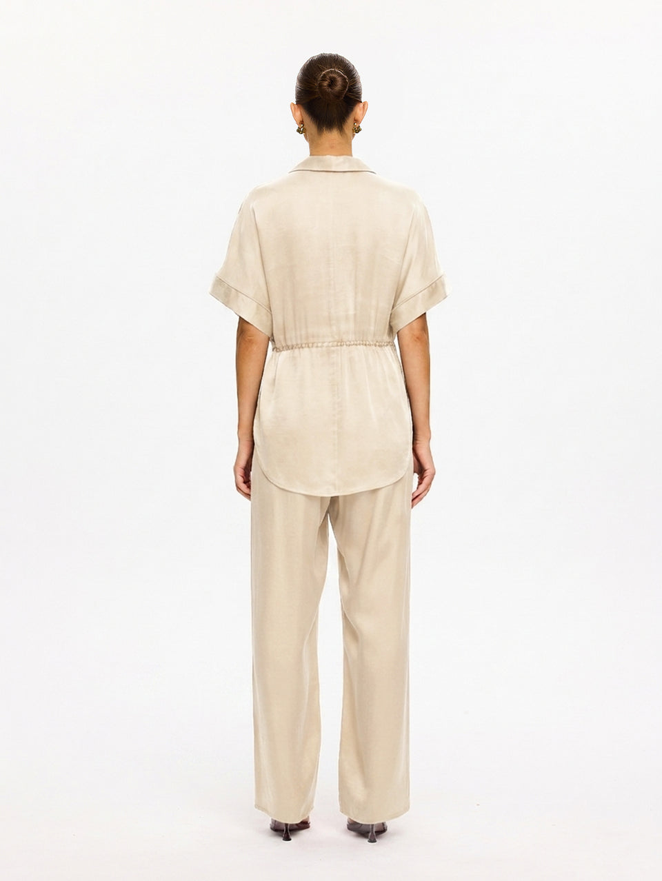 KIVARI Jaxon Shirt in Champagne – back view of collared shirt styled with matching wide-leg trousers