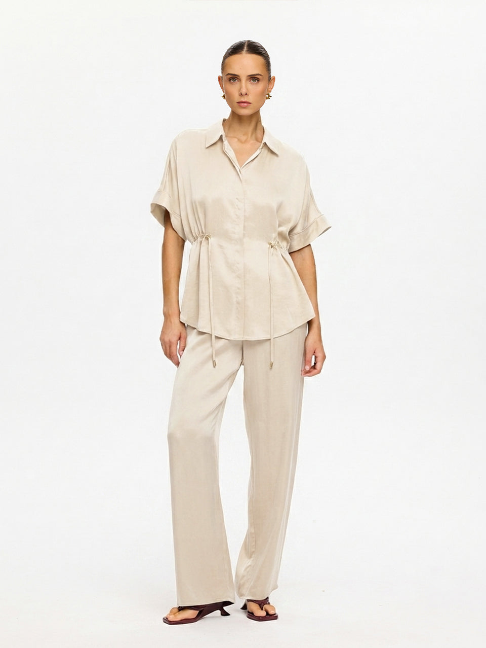 KIVARI Jaxon Shirt in Champagne – collared button-up shirt styled with matching wide-leg trousers