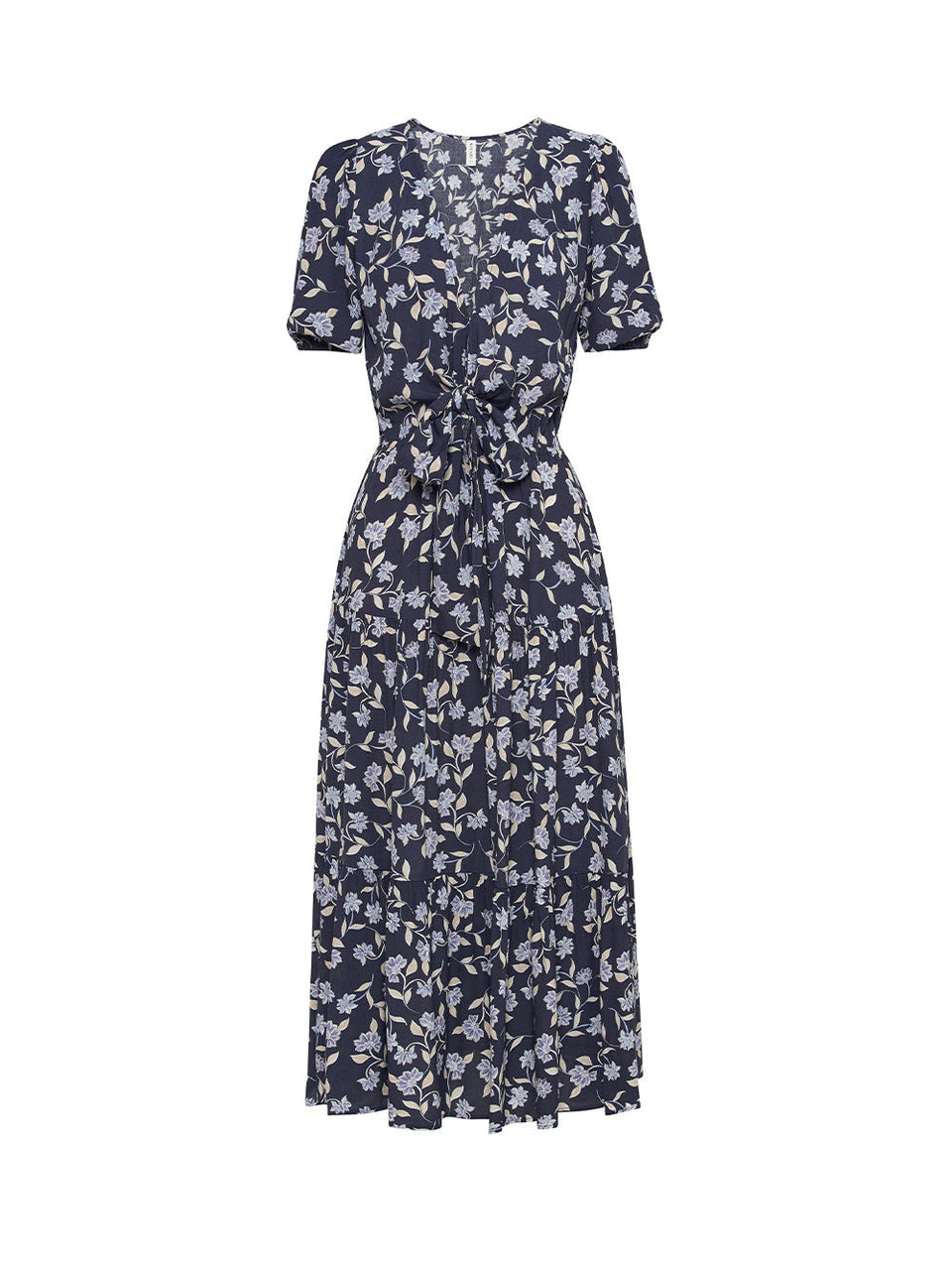 Ghost image of KIVARI Jeanne Tie Front Midi Dress: A navy and sky blue floral dress made from sustainable LENZING Viscose Crepe and featuring a tie front, elasticated waist, short puff sleeves and tiered skirt.