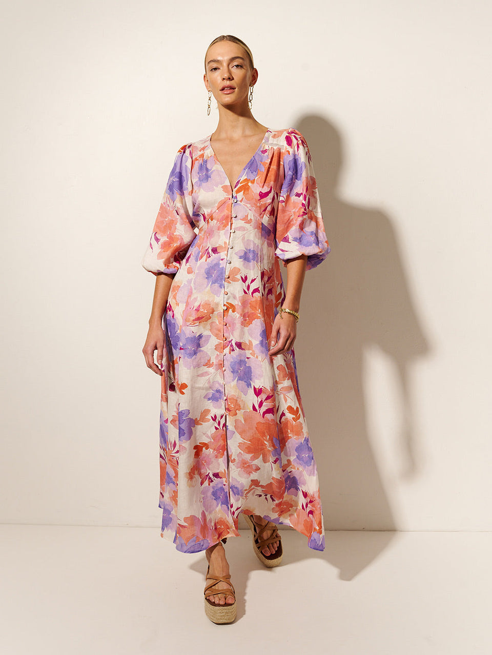 Johannes Maxi Dress KIVARI | Model wears pink and purple floral maxi dress