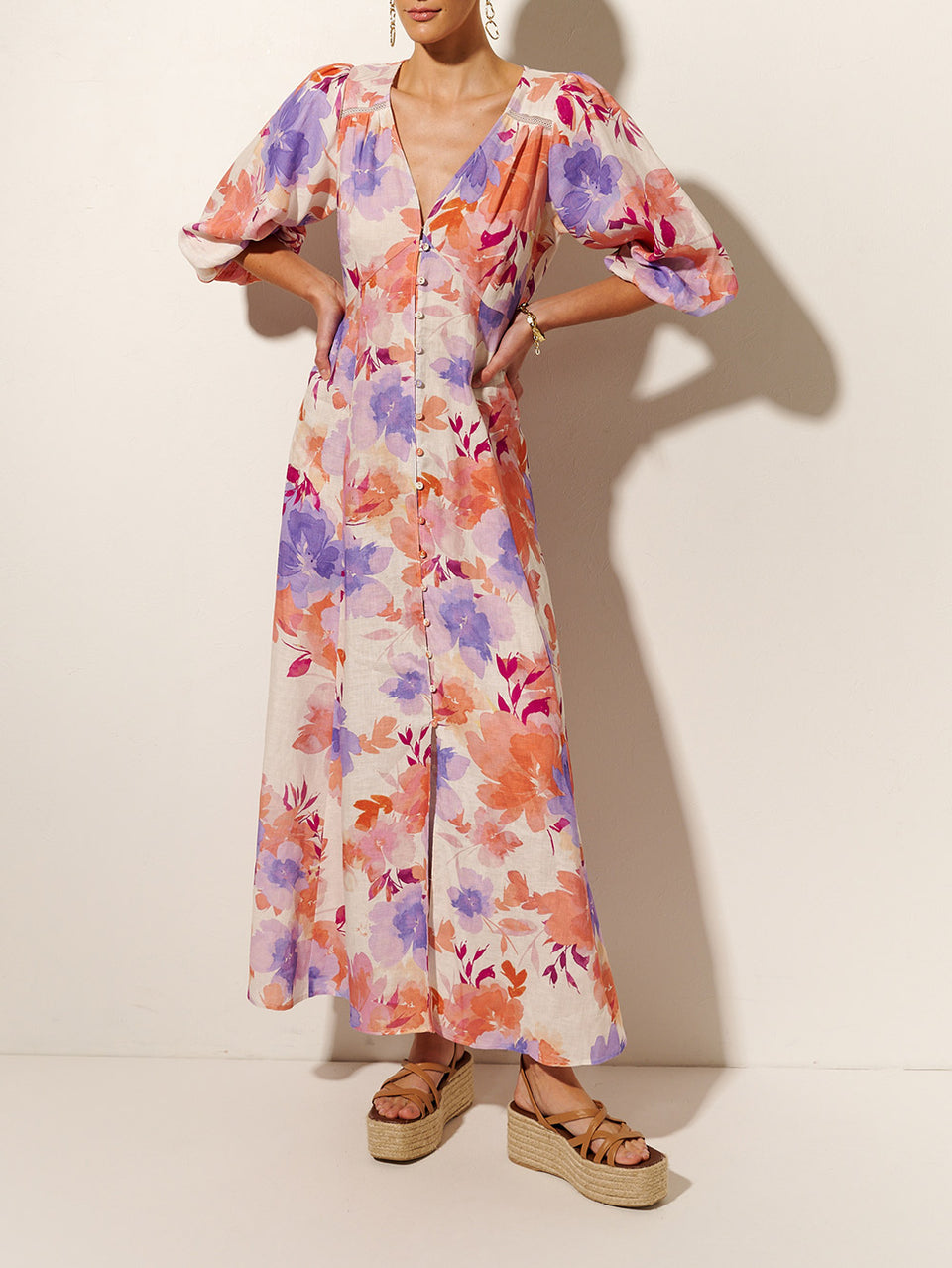 Johannes Maxi Dress KIVARI | Model wears pink and purple floral maxi dress