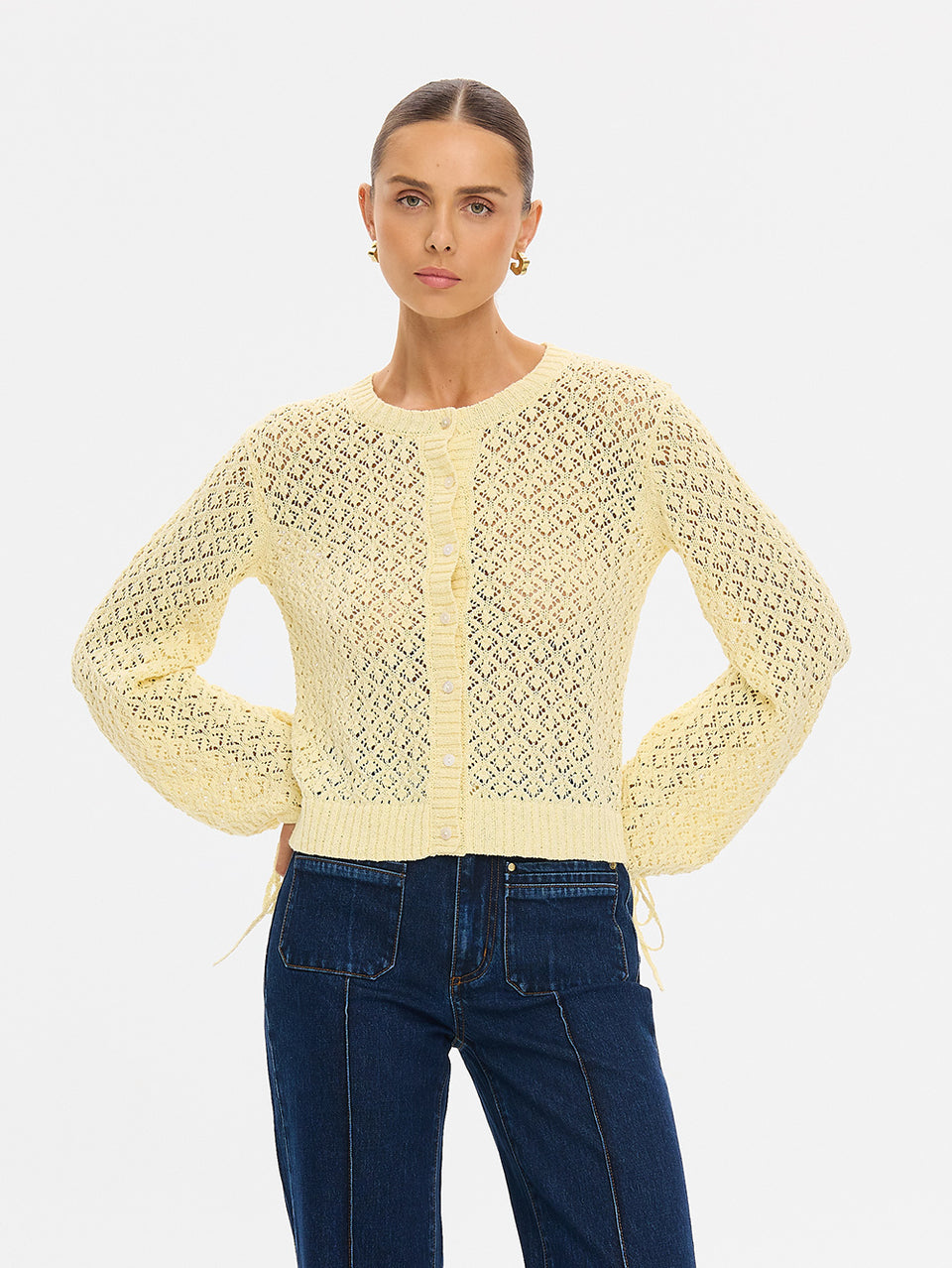 Sally Knit Cardigan in Butter yellow, open-knit cropped cardigan with button front styled with dark denim jeans