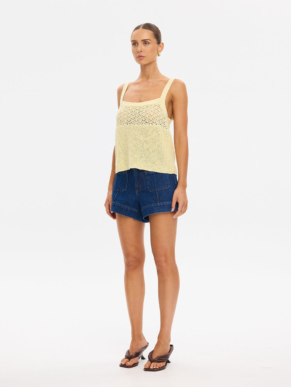 Sally Knit Cami in Butter yellow, crochet knit tank top styled with denim shorts and sandals