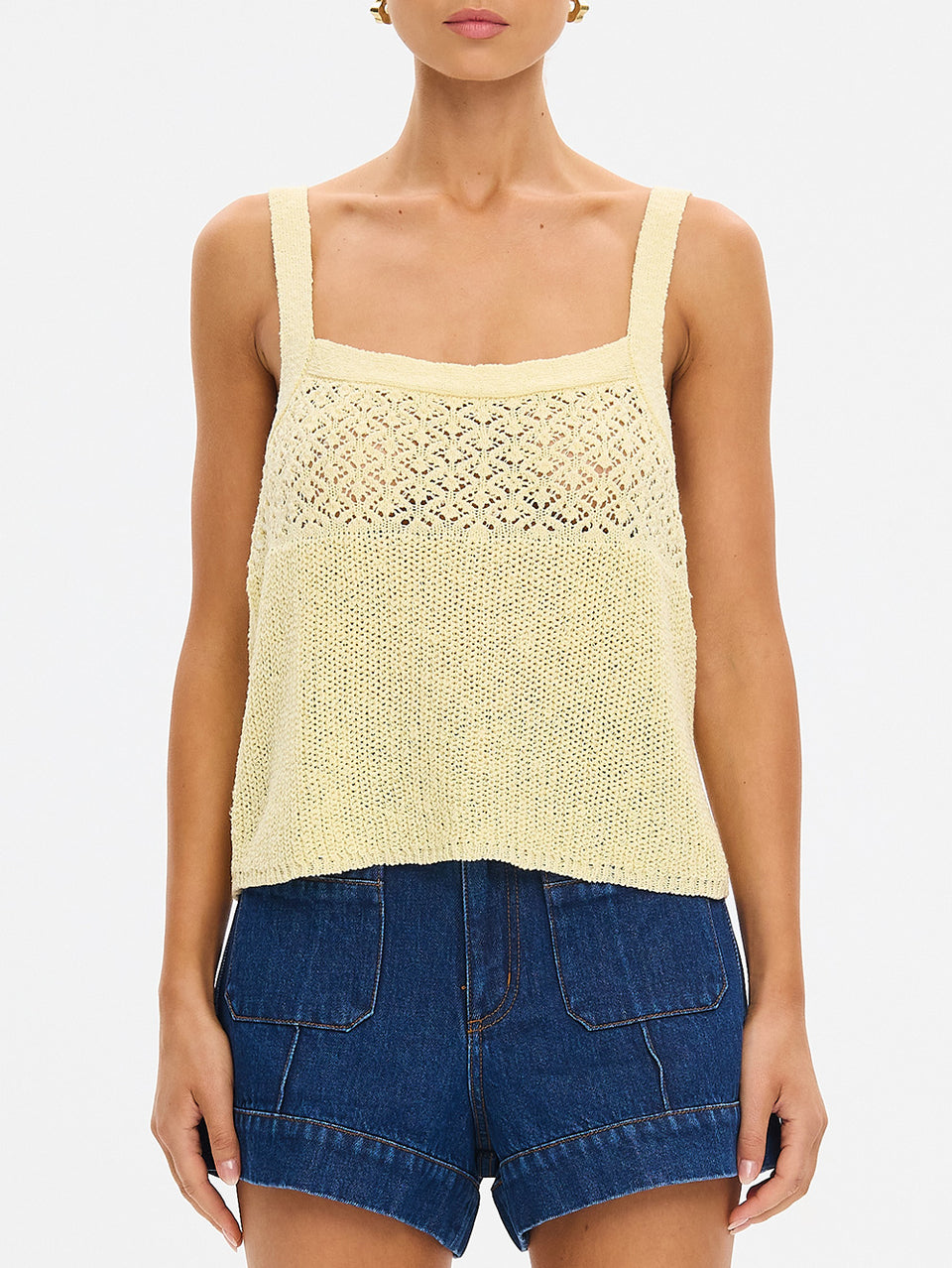 Sally Knit Cami in Butter yellow, close-up of knit tank top with square neckline and wide straps
