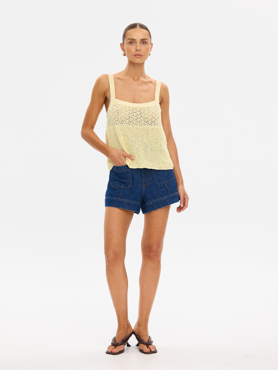 Sally Knit Cami in Butter yellow, crochet knit tank top styled with denim shorts and sandals