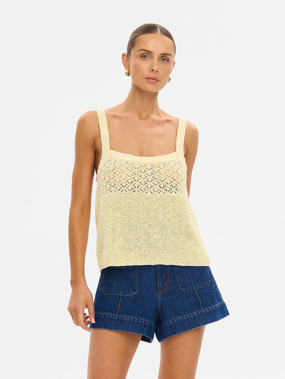 Sally Knit Cami in Butter yellow, knit tank top with square neckline styled with denim shorts