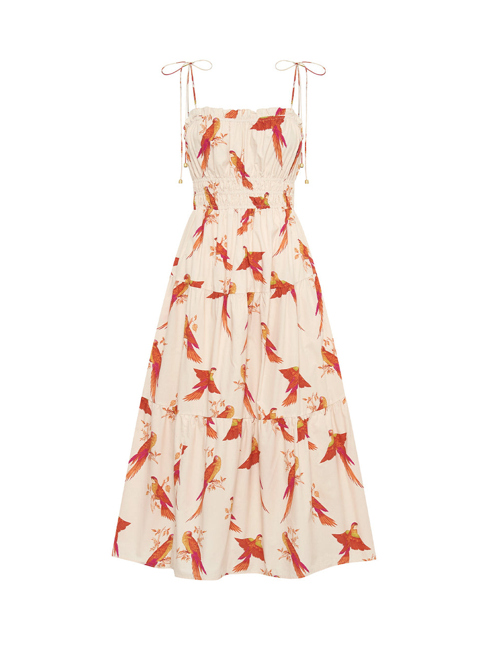 Kaylee Midi Dress KIVARI | Pink and orange bird print midi dress campaign