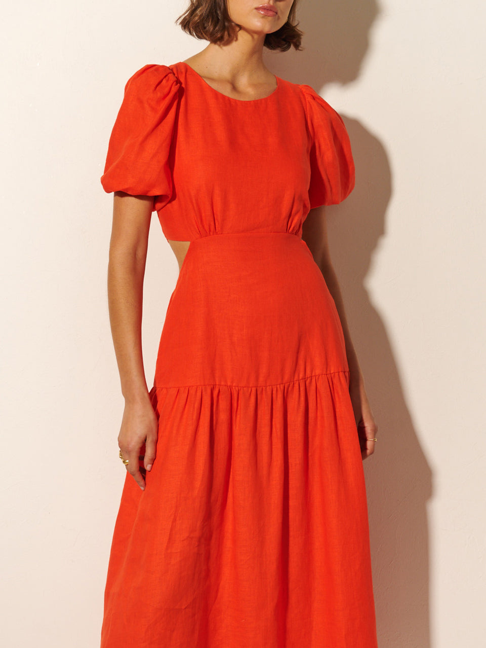 Kennedy Maxi Dress KIVARI | Model wears red maxi dress close up